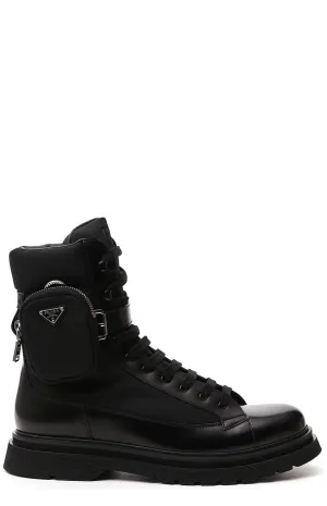 Prada Strapped Pouch Lace-Up Boots