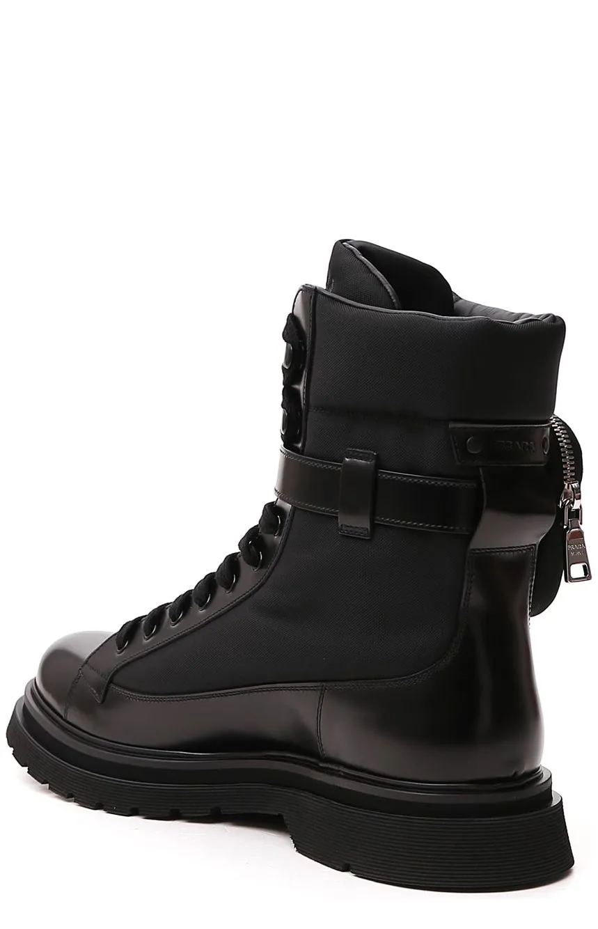 Prada Strapped Pouch Lace-Up Boots