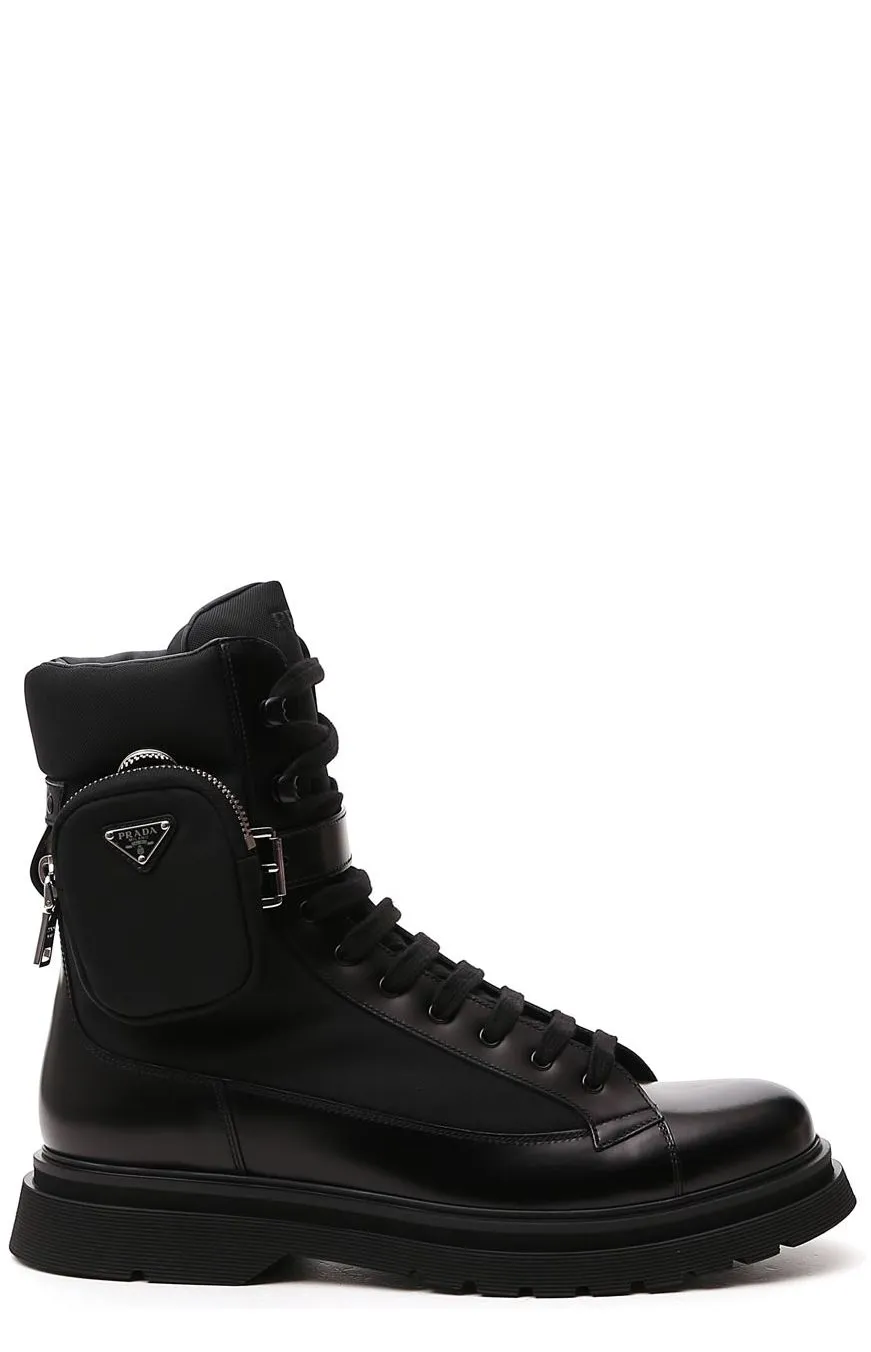 Prada Strapped Pouch Lace-Up Boots