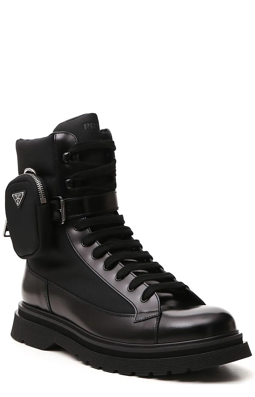 Prada Strapped Pouch Lace-Up Boots